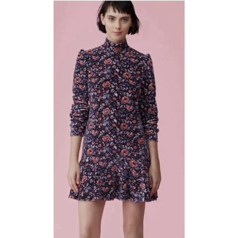 $295 Rebecca Taylor‎ Dress Drop Waist Toile Fleur Velour Floral Velvet Small
